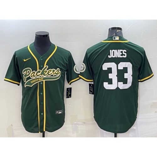 68621a449a030_1 Men's Green Bay Packers #33 Aaron Jones Green With Patch Cool Base Stitched Baseball Jersey