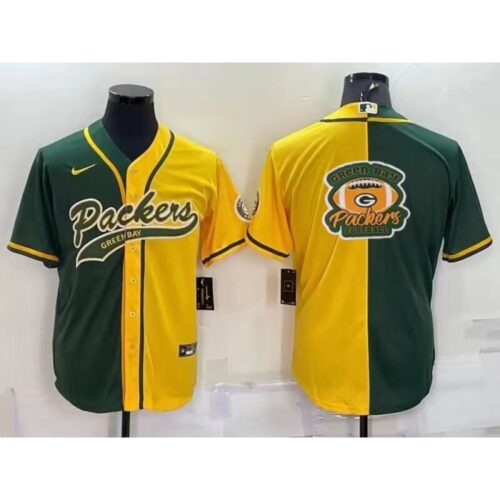 68621a4d551fe_1 Men's Green Bay Packers Blank Green/Yellow Split Team Big Logo With Patch Cool Base Stitched Baseball Jersey