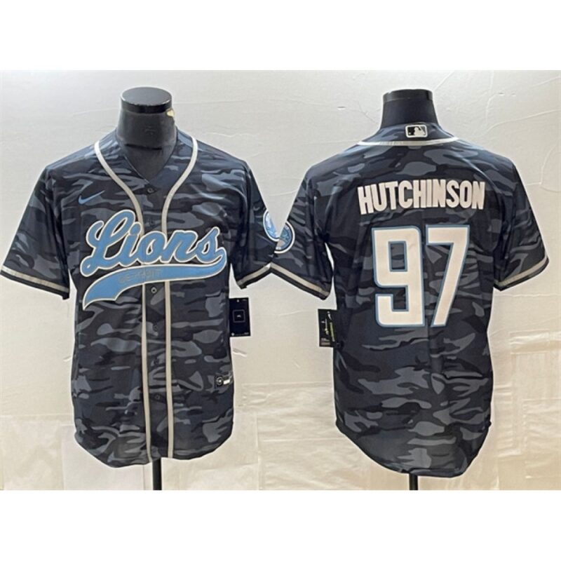 68621b5f9459e_1 Men's Detroit Lions #97 Aidan Hutchinson Grey Camo Cool Base Stitched Baseball Jersey