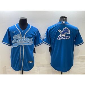 68621d380c99c_1 Men's Detroit Lions Blue Team Big Logo With Patch Cool Base Stitched Baseball Jersey