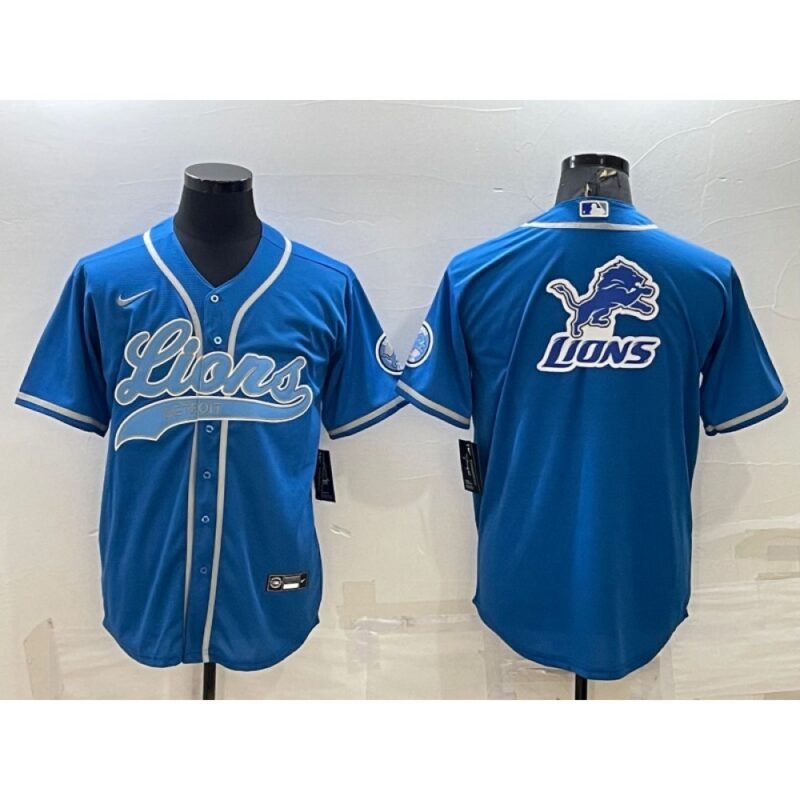 68621d380c99c_1 Men's Detroit Lions Blue Team Big Logo With Patch Cool Base Stitched Baseball Jersey
