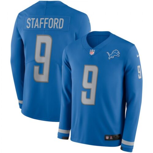 68621d46b531c_1 Men's Detroit Lions #9 Matthew Stafford Blue Therma Long Sleeve Stitched NFL Jersey