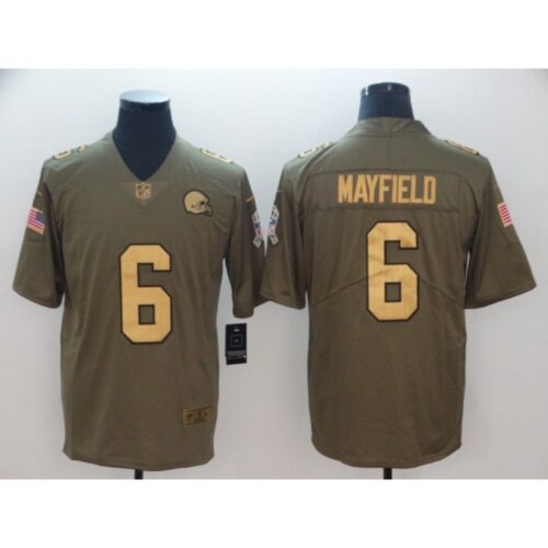 6862326028043_1 Men's Cleveland Browns #6 Baker Mayfield Gold Anthracite Olive Salute To Service Limited Stitched NFL Jersey