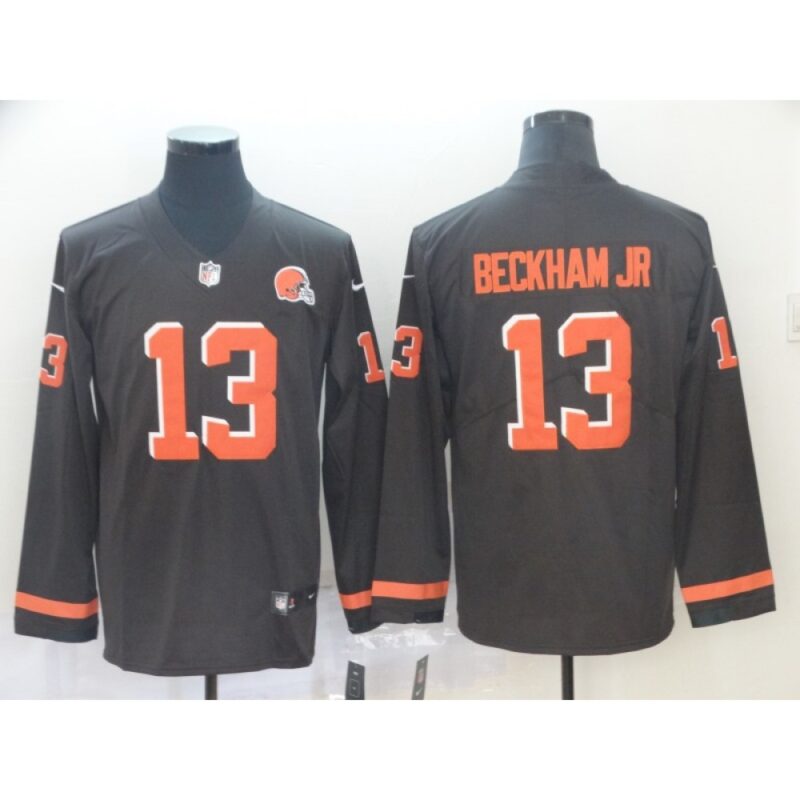 686235cf36927_1 Men's Cleveland Browns #13 Odell Beckham Jr. Brown Therma Long Sleeve Stitched NFL Jersey