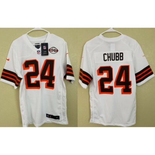 686235e63e8ce_1 Men's Cleveland Browns #24 Nick Chubb White 1946 throwback Stitched Jersey