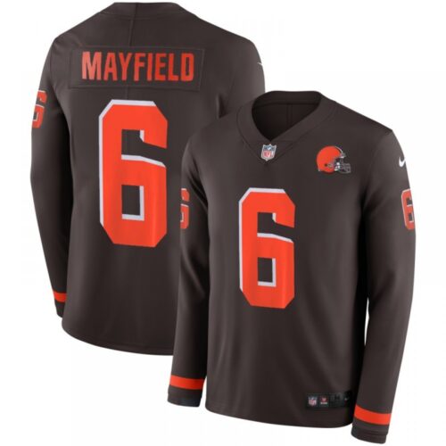 686235efa3014_1 Men's Cleveland Browns #6 Baker Mayfield Brown Therma Long Sleeve Stitched NFL Jersey