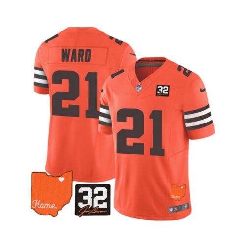 686237bc2c8ef_1 Men's Cleveland Browns #21 Denzel Ward Orange 2023 F.U.S.E. With Jim Brown Memorial Patch Vapor Untouchable Limited Stitched Jersey