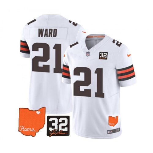 686237bf694b3_1 Men's Cleveland Browns #21 Denzel Ward White 2023 F.U.S.E. With Jim Brown Memorial Patch Vapor Untouchable Limited Stitched Jersey