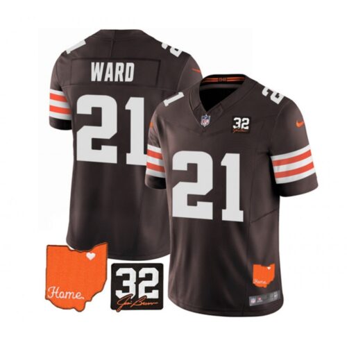 686237c2a298e_1 Men's Cleveland Browns #21 Denzel Ward Brown 2023 F.U.S.E. With Jim Brown Memorial Patch Vapor Untouchable Limited Stitched Jersey