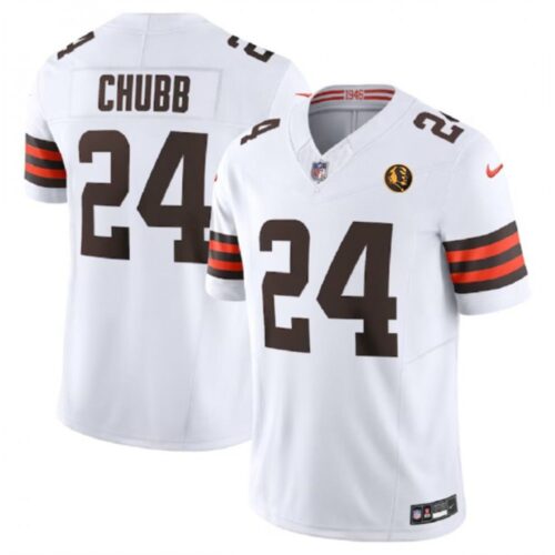 686237c5c740d_1 Men's Cleveland Browns #24 Nick Chubb White 2023 F.U.S.E. With John Madden Patch Vapor Limited Stitched Football Jersey