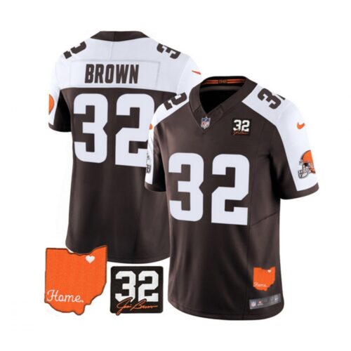 686237dd363d8_1 Men's Cleveland Browns #32 Jim Brown Brown/White 2023 F.U.S.E. With Jim Brown Memorial Patch Vapor Untouchable Limited Stitched Jersey