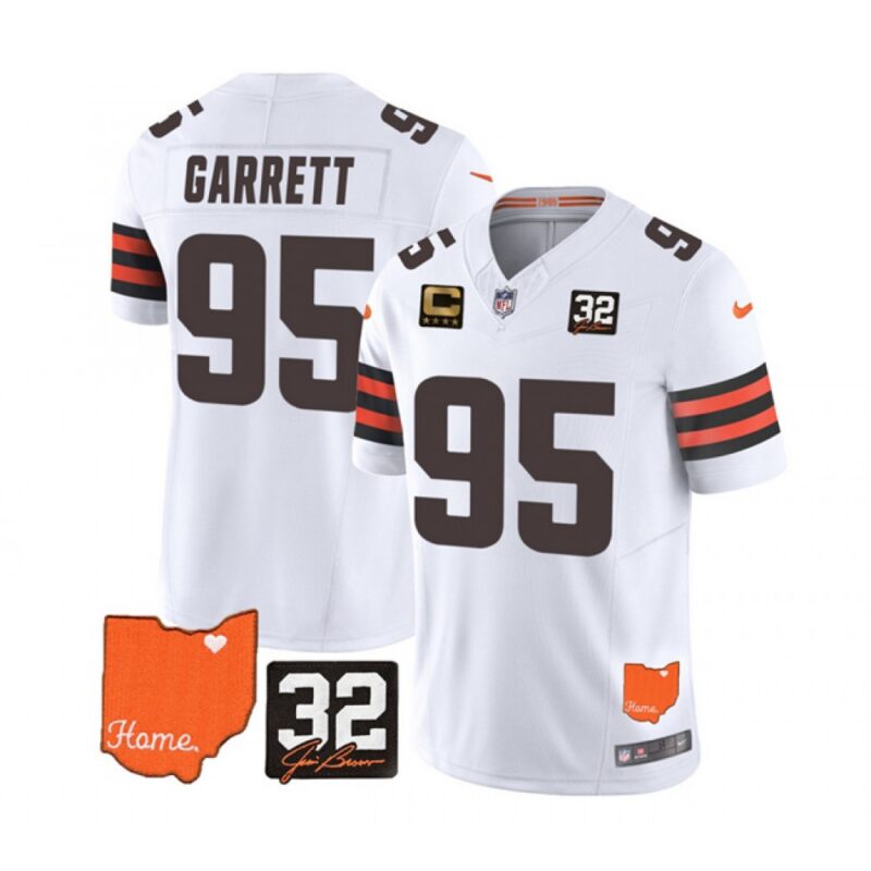 686237ed94838_1 Men's Cleveland Browns #95 Myles Garrett White 2023 F.U.S.E. With Jim Brown Memorial Patch And 4-Star C Patch Vapor Untouchable Limited Stitched Jersey