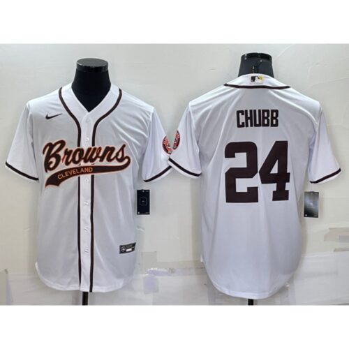6862380887403_1 Men's Cleveland Browns #24 Nick Chubb White With Patch Cool Base Stitched Baseball Jersey