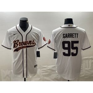 6862380f31dab_1 Men's Cleveland Browns #95 Myles Garrett White With Patch Cool Base Stitched Baseball Jersey
