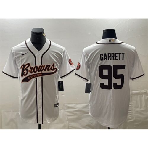 6862380f31dab_1 Men's Cleveland Browns #95 Myles Garrett White With Patch Cool Base Stitched Baseball Jersey