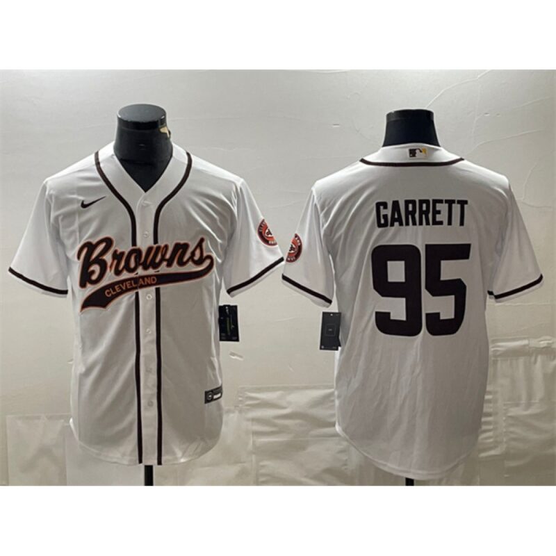 6862380f31dab_1 Men's Cleveland Browns #95 Myles Garrett White With Patch Cool Base Stitched Baseball Jersey