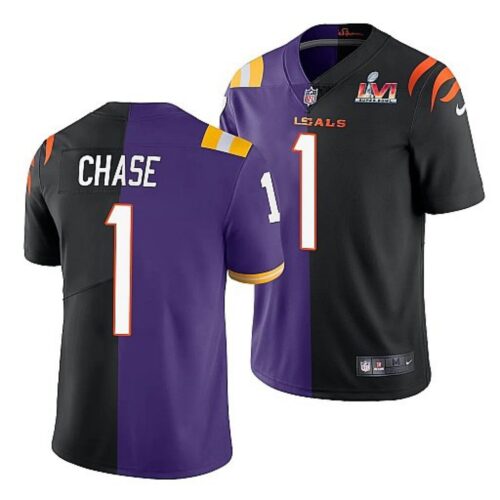 6862395a1f9ad_1 Men's Cincinnati Bengals #1 Ja'Marr Chase 2022 Purple/Black Split Super Bowl LVI Stitched Jersey