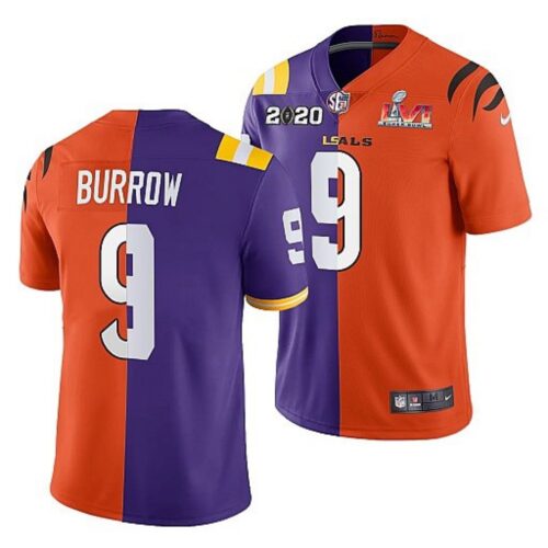 6862395d656a9_1 Men's Cincinnati Bengals X LSU Tigers #9 Joe Burrow 2022 Purple/Orange Split Super Bowl LVI Stitched Jersey