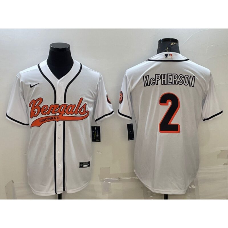 6862398784896_1 Men's Cincinnati Bengals #2 Evan McPherson White With Patch Cool Base Stitched Baseball Jersey