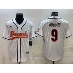 6862398b2e958_1 Men's Cincinnati Bengals #9 Joe Burrow White With Patch Cool Base Stitched Baseball Jersey
