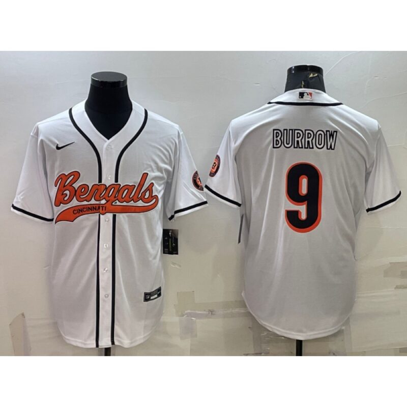 6862398b2e958_1 Men's Cincinnati Bengals #9 Joe Burrow White With Patch Cool Base Stitched Baseball Jersey