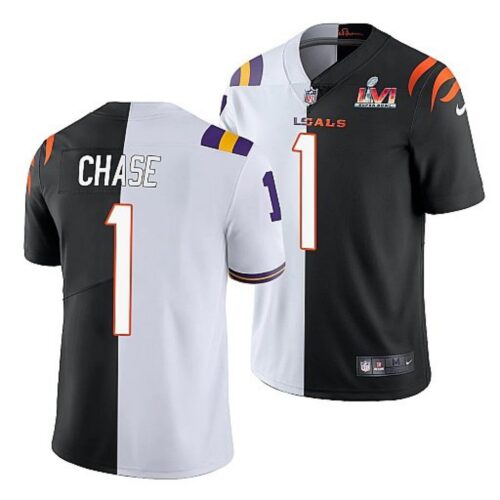 6862399558da3_1 Men's Cincinnati Bengals #1 Ja'Marr Chase 2022 White/Black Split Super Bowl LVI Stitched Jersey