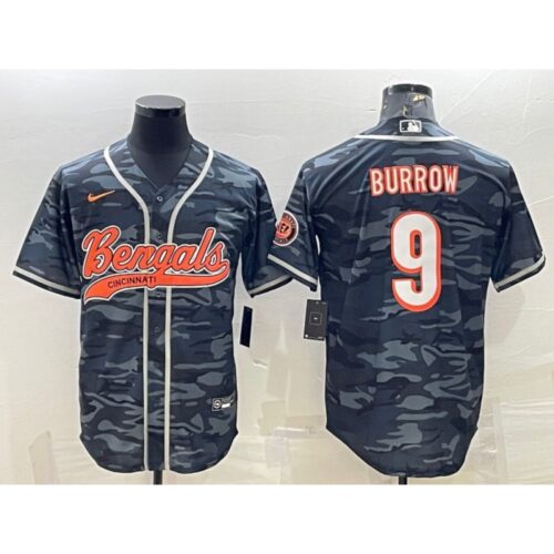 68623a1d982e0_1 Men's Cincinnati Bengals #9 Joe Burrow Grey Camo With Patch Cool Base Stitched Baseball Jersey