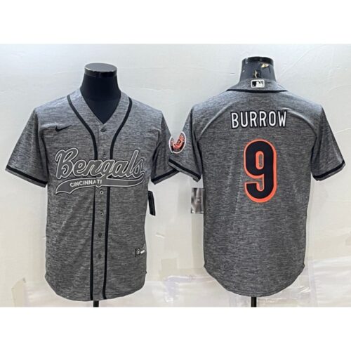 68623a2112a32_1 Men's Cincinnati Bengals #9 Joe Burrow Grey With Patch Cool Base Stitched Baseball Jersey
