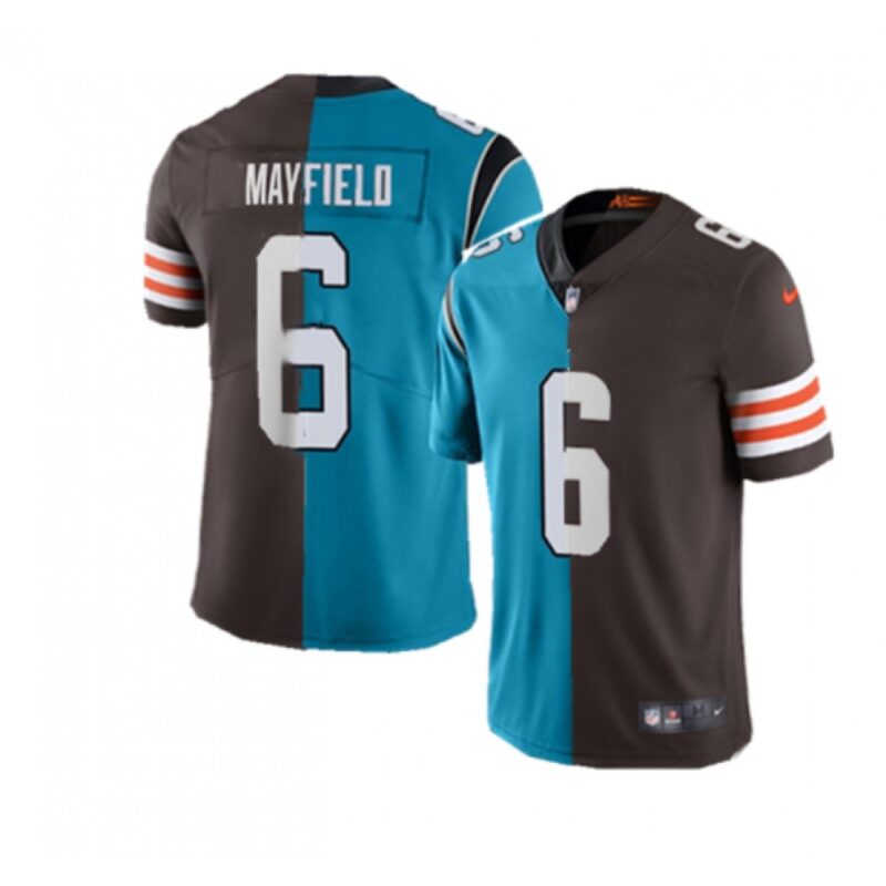 686244a60a2b1_1 Men's Carolina Panthers & Cleveland Browns #6 Baker Mayfield Splite Blue&Brown Vapor Untouchable Limited Stitched Jersey