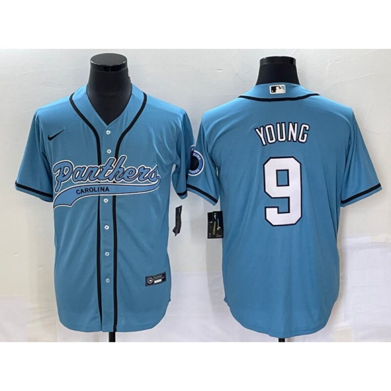 686245198e851_1 Men's Carolina Panthers #9 Bryce Young Blue With Patch Cool Base Stitched Baseball Jersey