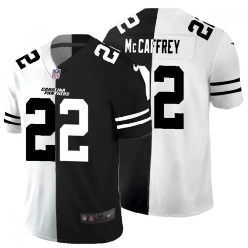 686245d3b5d7d_1 Men's Carolina Panthers #22 Christian McCaffrey Black & White Split Limited Stitched Jersey Limited Stitched Jersey