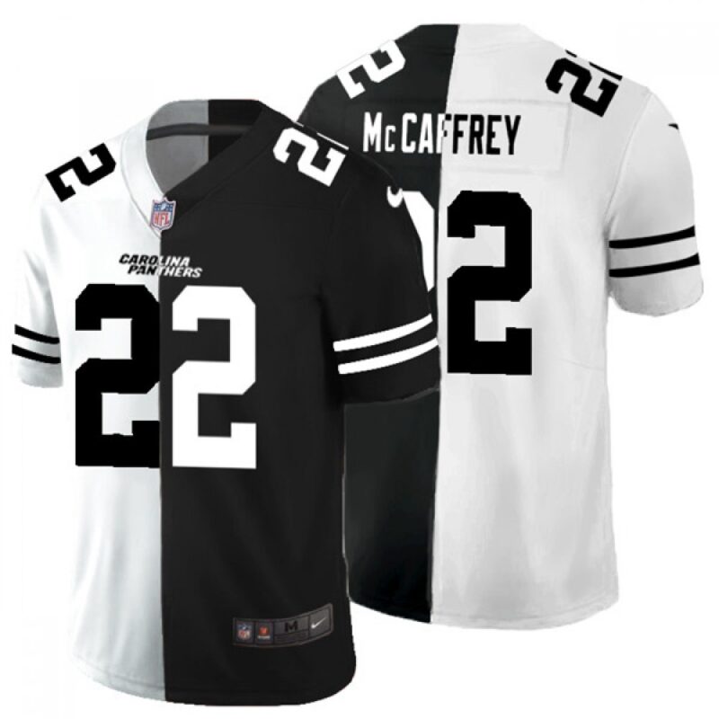686245d3b5d7d_1 Men's Carolina Panthers #22 Christian McCaffrey Black & White Split Limited Stitched Jersey Limited Stitched Jersey