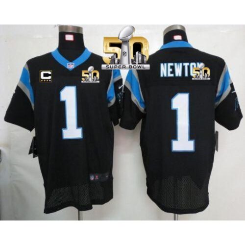 686247a76a2e2_1 Panthers #1 Cam Newton Black Team Color With C Patch Super Bowl 50 Men's Stitched NFL Elite Jersey