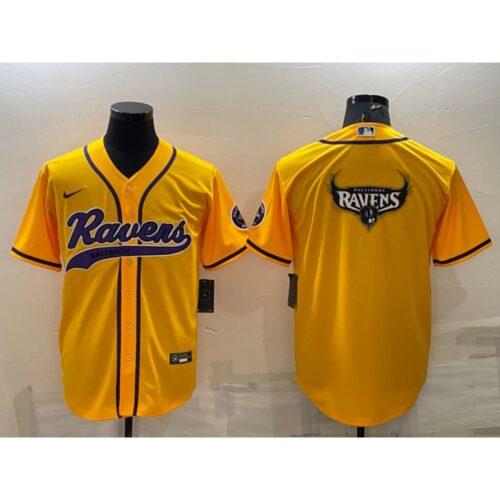 68624c5b00e19_1 Men's Baltimore Ravens Yellow Team Big Logo With Patch Cool Base Stitched Baseball Jersey