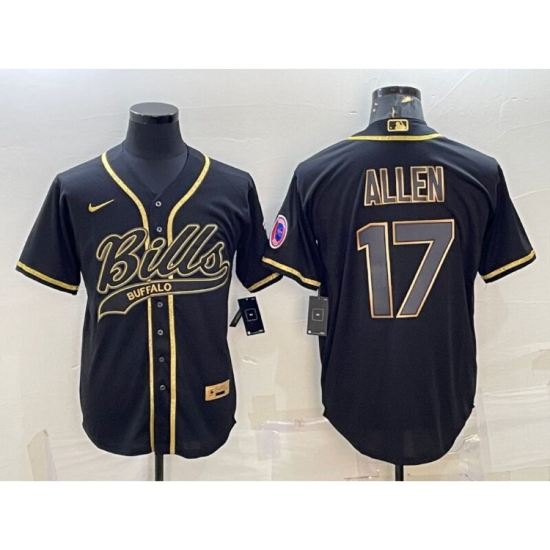 68624c79ef66a_1 Men's Buffalo Bills #17 Josh Allen Black Gold Edition With Patch Cool Base Stitched Baseball Jersey