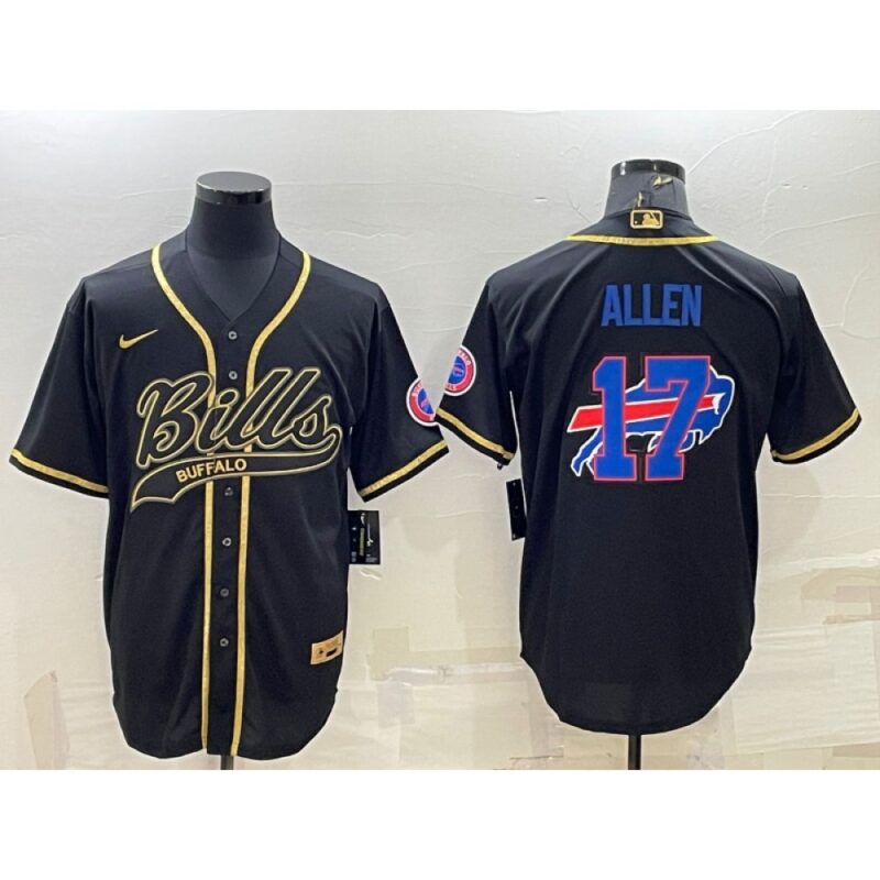 68624c8101d52_1 Men's Buffalo Bills #17 Josh Allen Black Gold Team Big Logo With Patch Cool Base Stitched Baseball Jersey