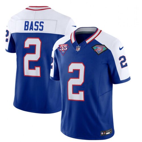 68624dbce8c88_1 Men's Buffalo Bills #2 Tyler Bass Blue/White 2023 F.U.S.E. 35th And 75th Patch Throwback Vapor Untouchable Limited Stitched Jersey