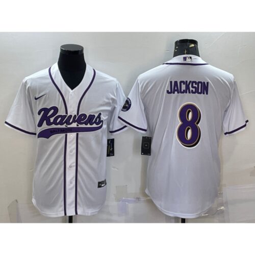 68624ebb78de6_1 Men's Baltimore Ravens #8 Lamar Jackson White With Patch Cool Base Stitched Baseball Jersey