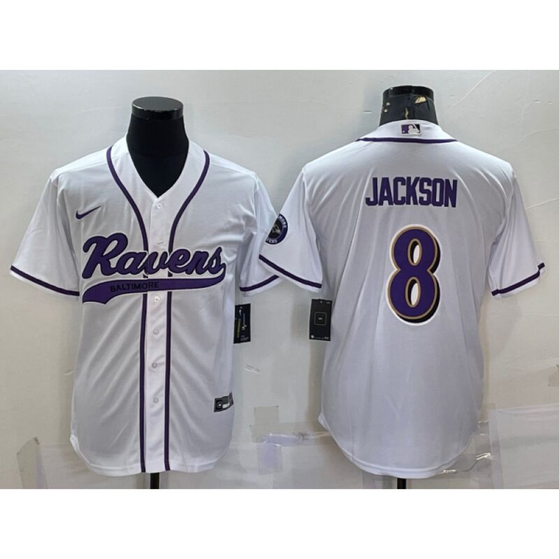 68624ebb78de6_1 Men's Baltimore Ravens #8 Lamar Jackson White With Patch Cool Base Stitched Baseball Jersey