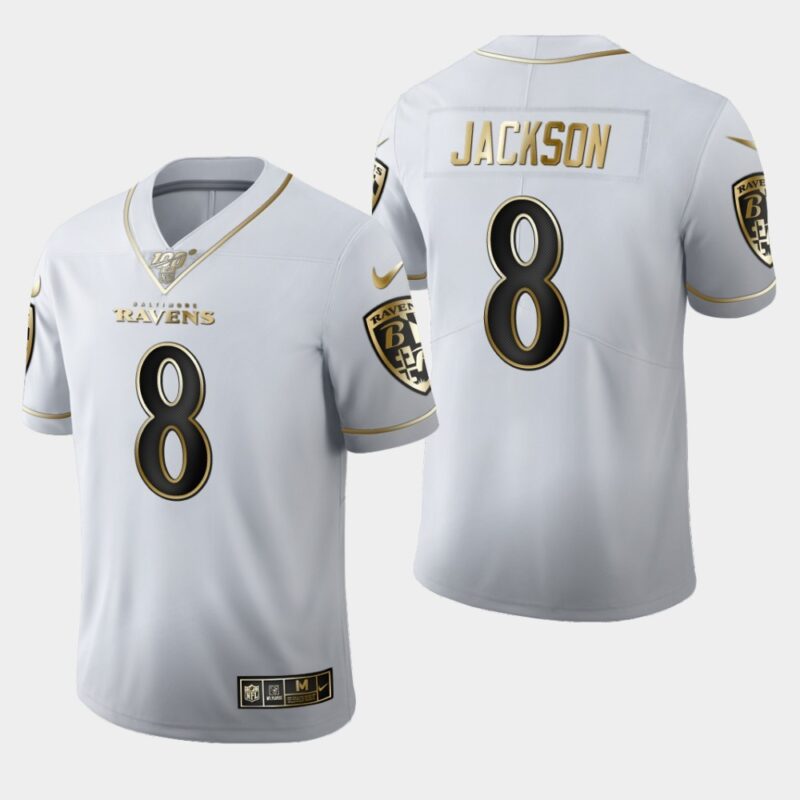 68624f540fffd_1 Men's Baltimore Ravens #8 Lamar Jackson White 2019 100th Season Golden Edition Limited Stitched NFL Jersey