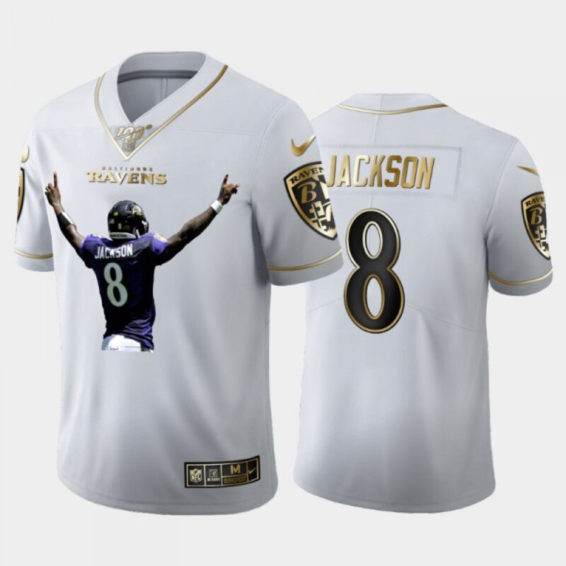 68624f6573de7_1 Men's Baltimore Ravens #8 Lamar Jackson White Golden 100th Season Portrait Edition Limited Stitched Jersey