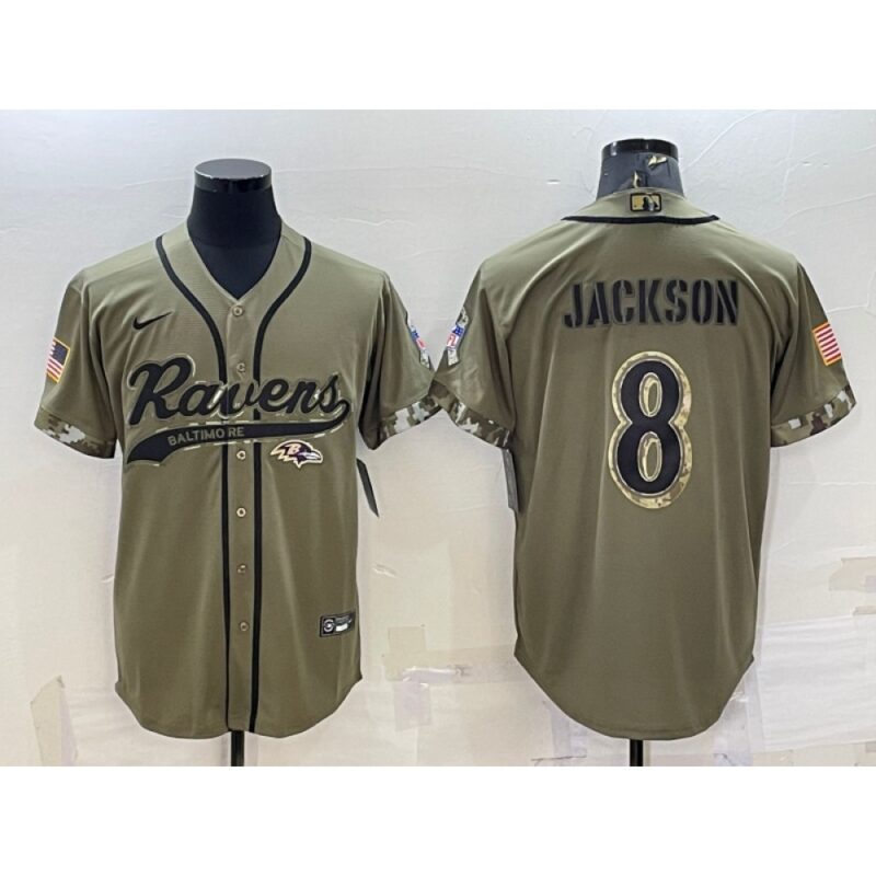 68624fc72d28f_1 Men's Baltimore Ravens #8 Lamar Jackson Olive 2022 Salute to Service Cool Base Stitched Baseball Jersey