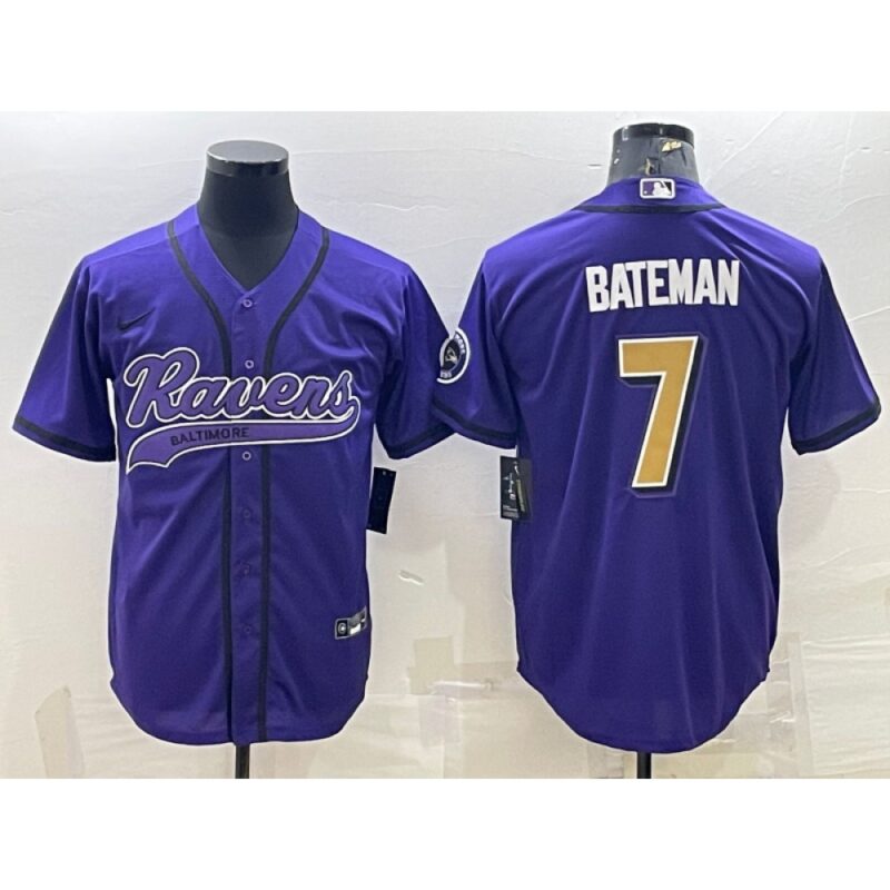 68624ff9e3609_1 Men's Baltimore Ravens #7 Rashod Bateman Purple Gold With Patch Cool Base Stitched Baseball Jersey