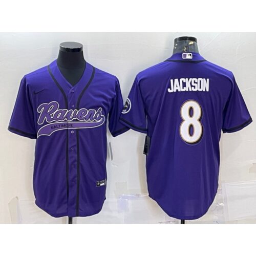 6862500419741_1 Men's Baltimore Ravens #8 Lamar Jackson Purple With Patch Cool Base Stitched Baseball Jersey