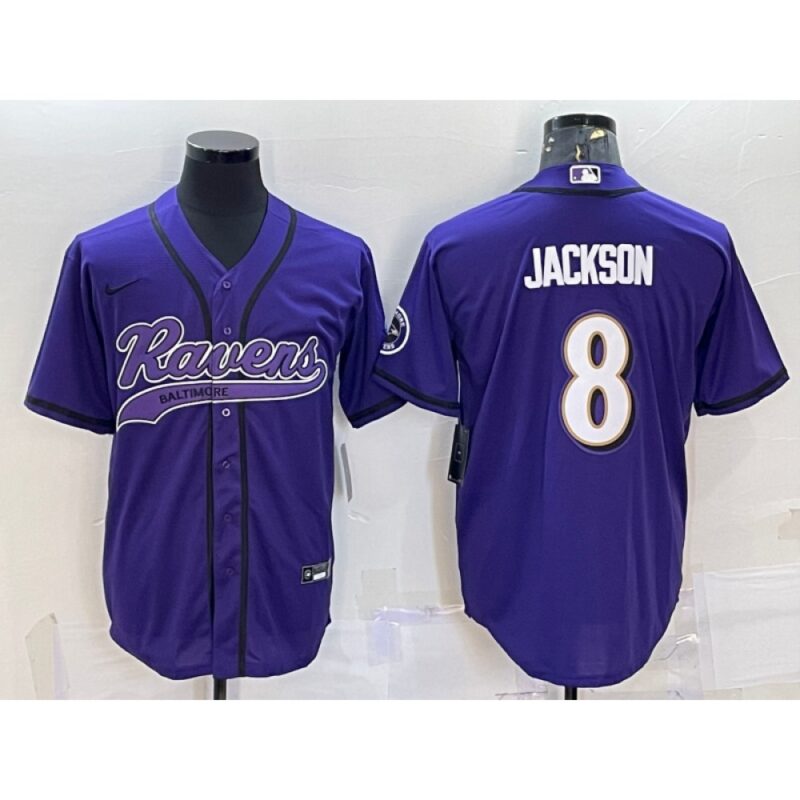 6862500419741_1 Men's Baltimore Ravens #8 Lamar Jackson Purple With Patch Cool Base Stitched Baseball Jersey