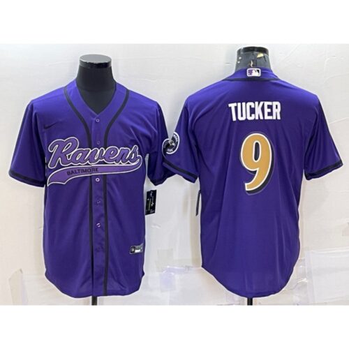 6862500e2f565_1 Men's Baltimore Ravens #9 Justin Tucker Purple Gold With Patch Cool Base Stitched Baseball Jersey