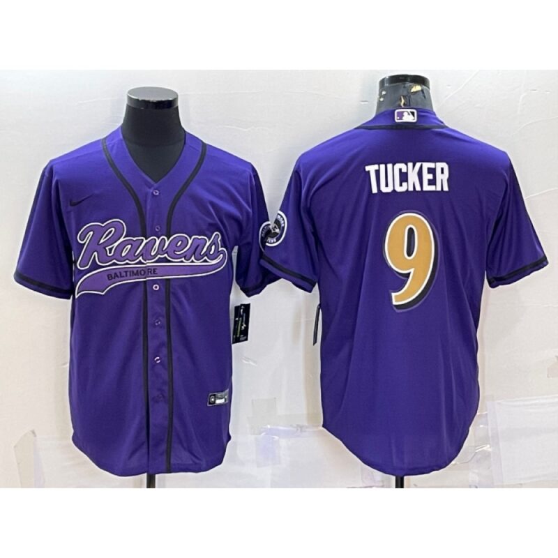 6862500e2f565_1 Men's Baltimore Ravens #9 Justin Tucker Purple Gold With Patch Cool Base Stitched Baseball Jersey
