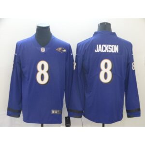 6862503725f40_1 Men's Baltimore Ravens #8 Lamar Jackson Purple Therma Long Sleeve Stitched NFL Jersey