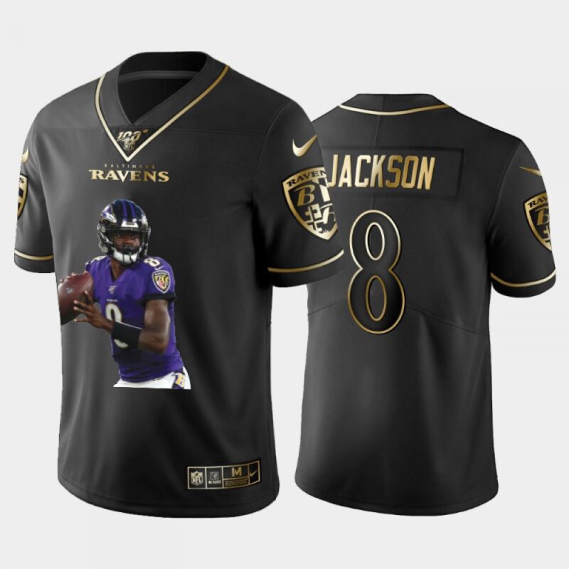 686251b1cc0ff_1 Men's Baltimore Ravens #8 Lamar Jackson Black Golden 100th Season Portrait Edition Limited Stitched Jersey