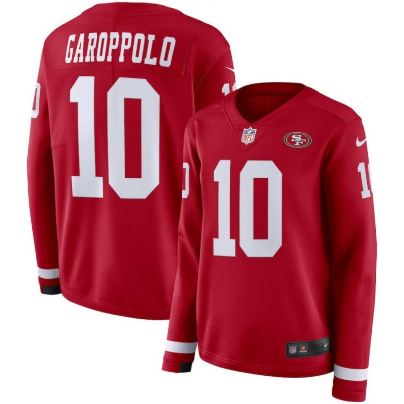 68625d7e95069_1 Women's San Francisco 49ers #10 Jimmy Garoppolo Scarlet Therma Long Sleeve Stitched NFL Jersey